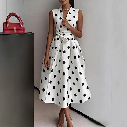 👗 LIMITED-TIME 50% OFF! 💥 Women's Polka Dot Sleeveless V-Neck Dress – Classic Print, Adjustable Tie, Versatile ✨