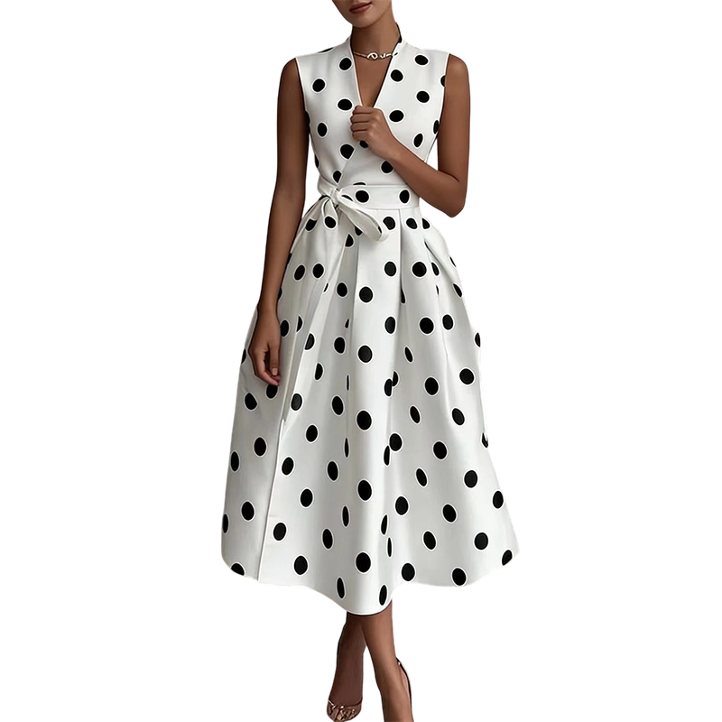 👗 LIMITED-TIME 50% OFF! 💥 Women's Polka Dot Sleeveless V-Neck Dress – Classic Print, Adjustable Tie, Versatile ✨