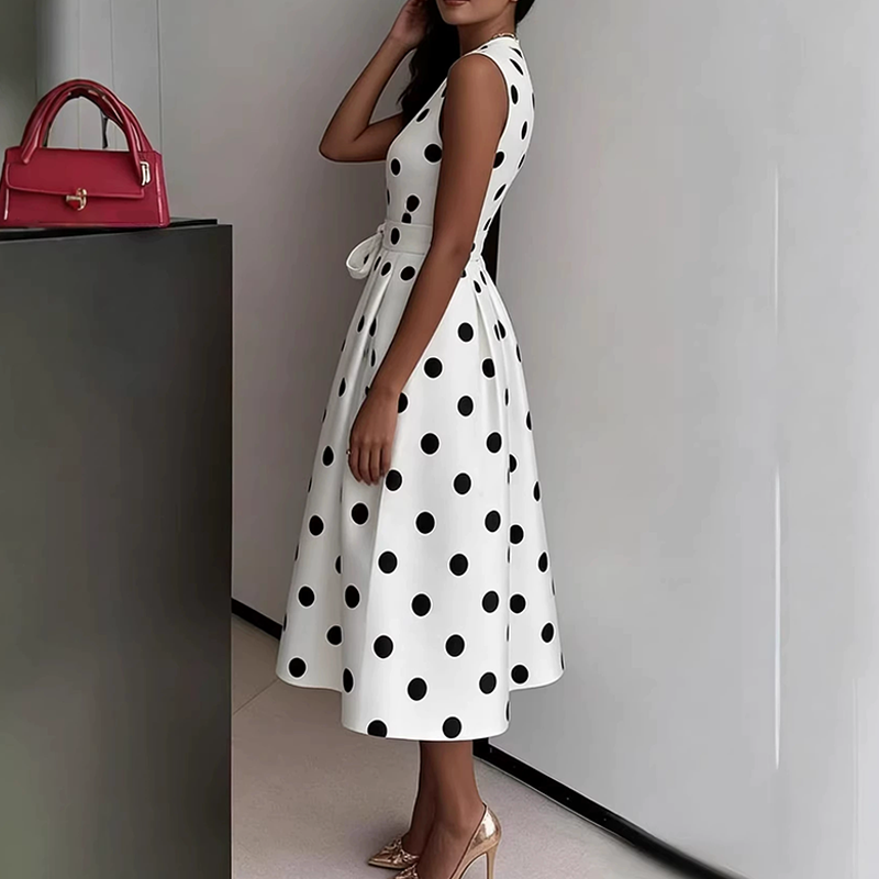👗 LIMITED-TIME 50% OFF! 💥 Women's Polka Dot Sleeveless V-Neck Dress – Classic Print, Adjustable Tie, Versatile ✨
