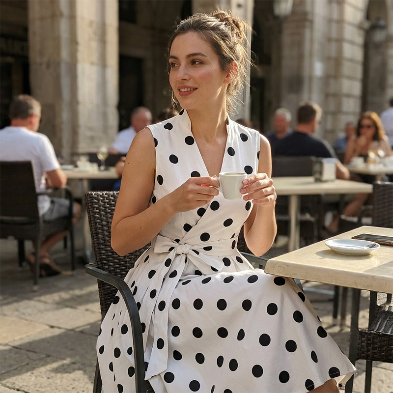 👗 LIMITED-TIME 50% OFF! 💥 Women's Polka Dot Sleeveless V-Neck Dress – Classic Print, Adjustable Tie, Versatile ✨