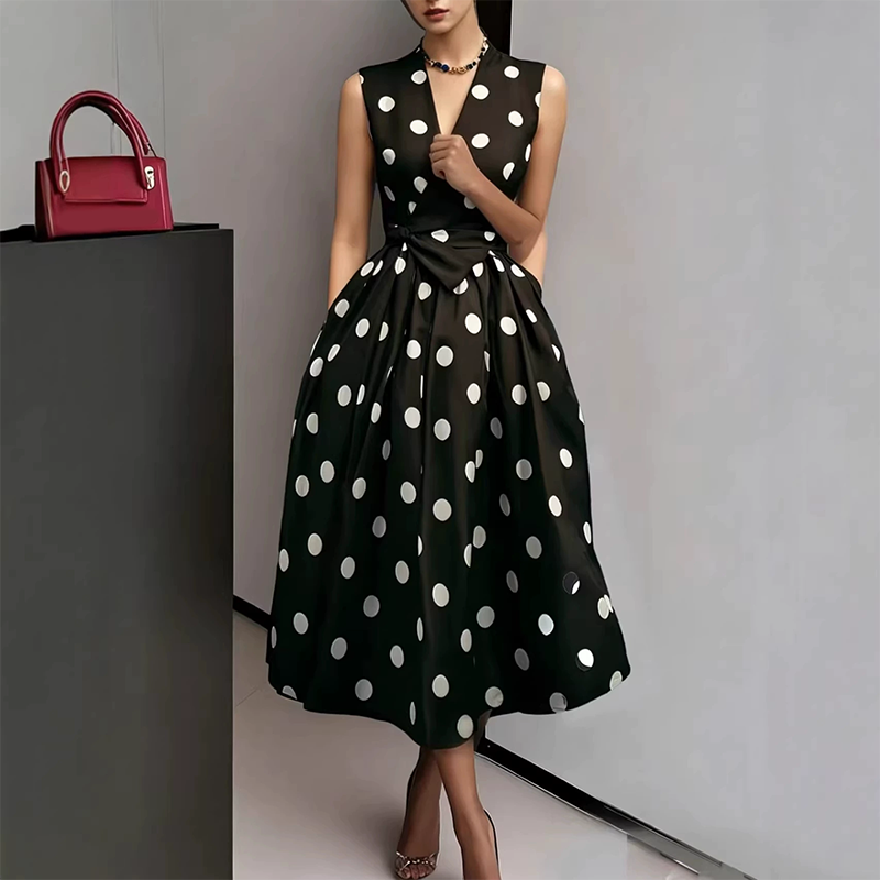 👗 LIMITED-TIME 50% OFF! 💥 Women's Polka Dot Sleeveless V-Neck Dress – Classic Print, Adjustable Tie, Versatile ✨