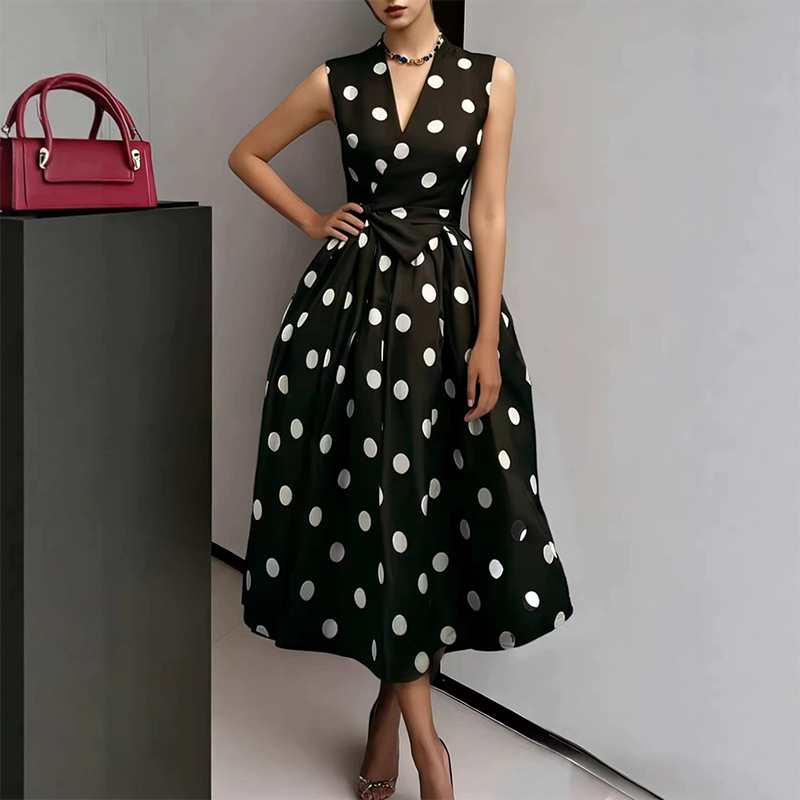 👗 LIMITED-TIME 50% OFF! 💥 Women's Polka Dot Sleeveless V-Neck Dress – Classic Print, Adjustable Tie, Versatile ✨