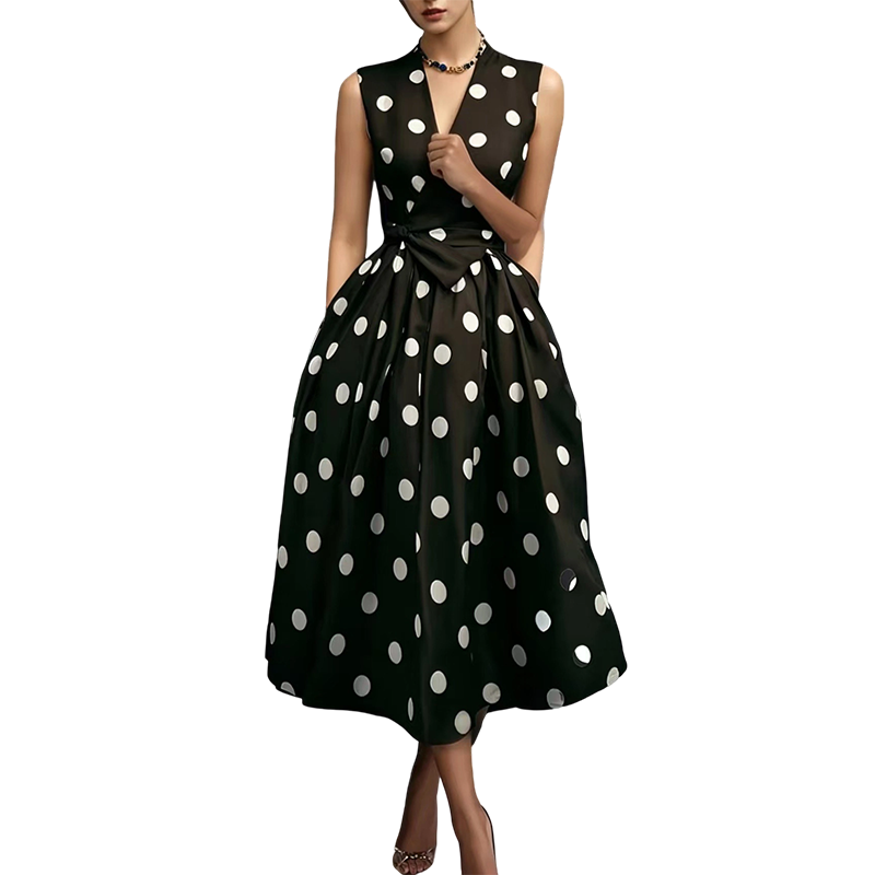 👗 LIMITED-TIME 50% OFF! 💥 Women's Polka Dot Sleeveless V-Neck Dress – Classic Print, Adjustable Tie, Versatile ✨