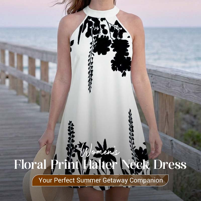 🌸 LIMITED-TIME 50% OFF! 💥 Women's Floral Print Halter Neck Dress – Chic, Flowy, Summer Essential ✨