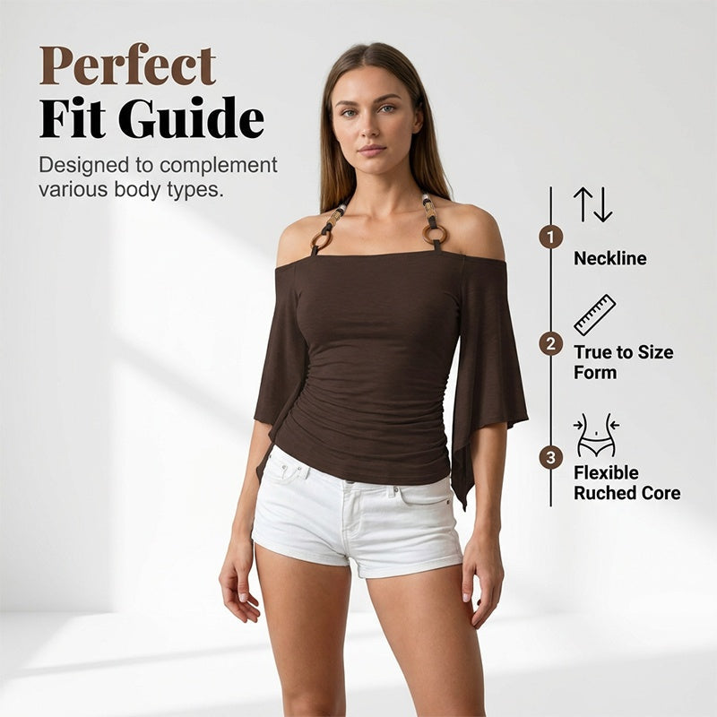 👗 LIMITED-TIME 50% OFF! ✨ Women's Off-the-Shoulder Halter Neck Top – Ring Detail, Ruched Waist, Batwing Sleeves 🌸