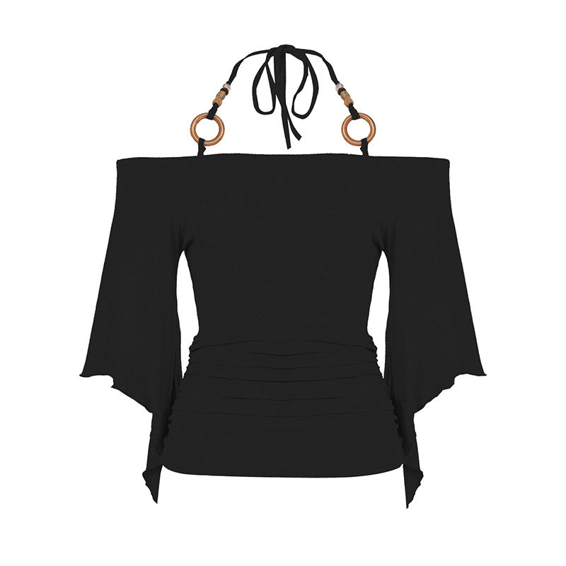 👗 LIMITED-TIME 50% OFF! ✨ Women's Off-the-Shoulder Halter Neck Top – Ring Detail, Ruched Waist, Batwing Sleeves 🌸