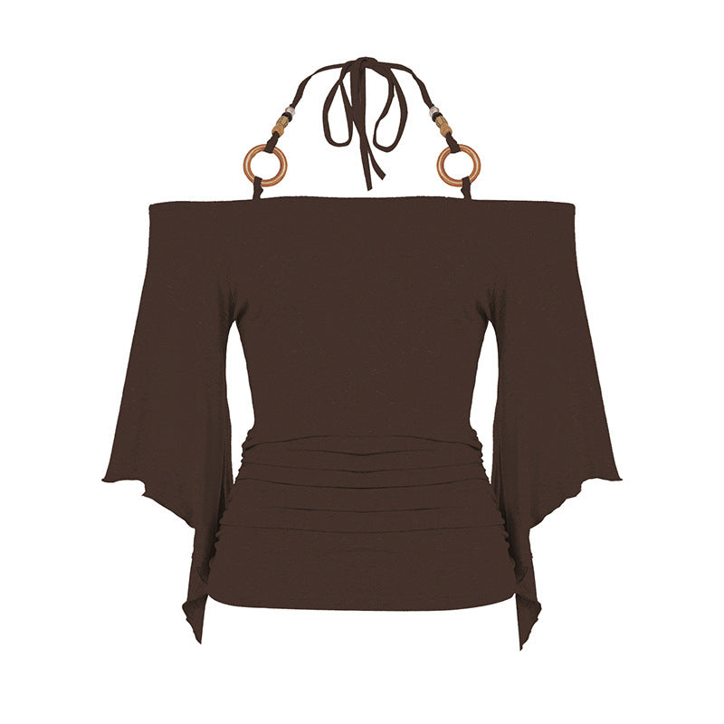 👗 LIMITED-TIME 50% OFF! ✨ Women's Off-the-Shoulder Halter Neck Top – Ring Detail, Ruched Waist, Batwing Sleeves 🌸