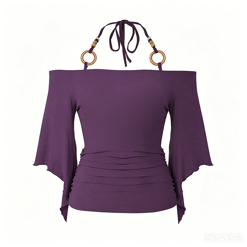 👗 LIMITED-TIME 50% OFF! ✨ Women's Off-the-Shoulder Halter Neck Top – Ring Detail, Ruched Waist, Batwing Sleeves 🌸