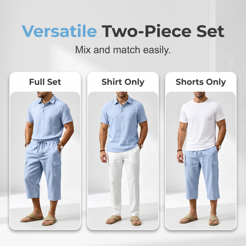 🎁 LIMITED TIME 50% OFF! 👕 Men Summer Linen Set – Loose Shirt & Cargo Shorts Two Piece Outfit 💥