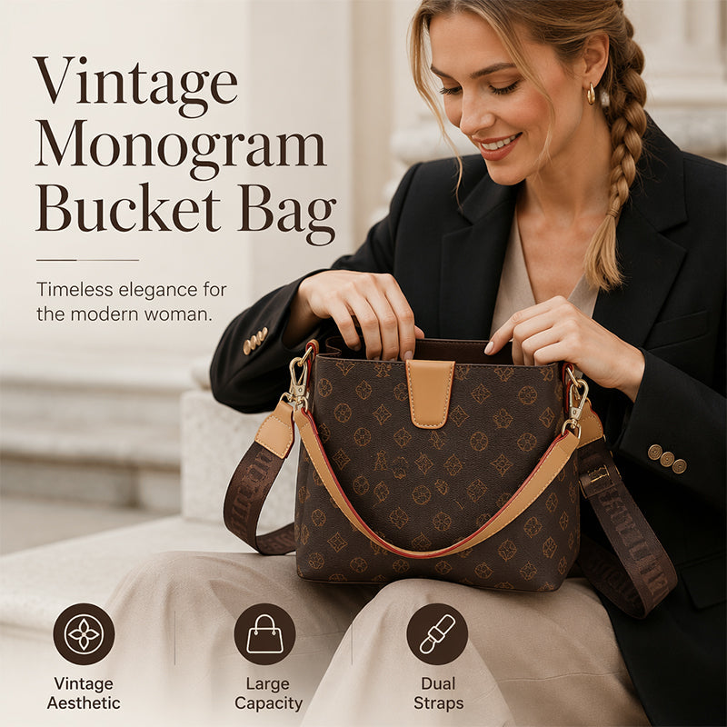 👜Women’s Vintage Monogram Bucket Bag with Adjustable Shoulder Strap🌙