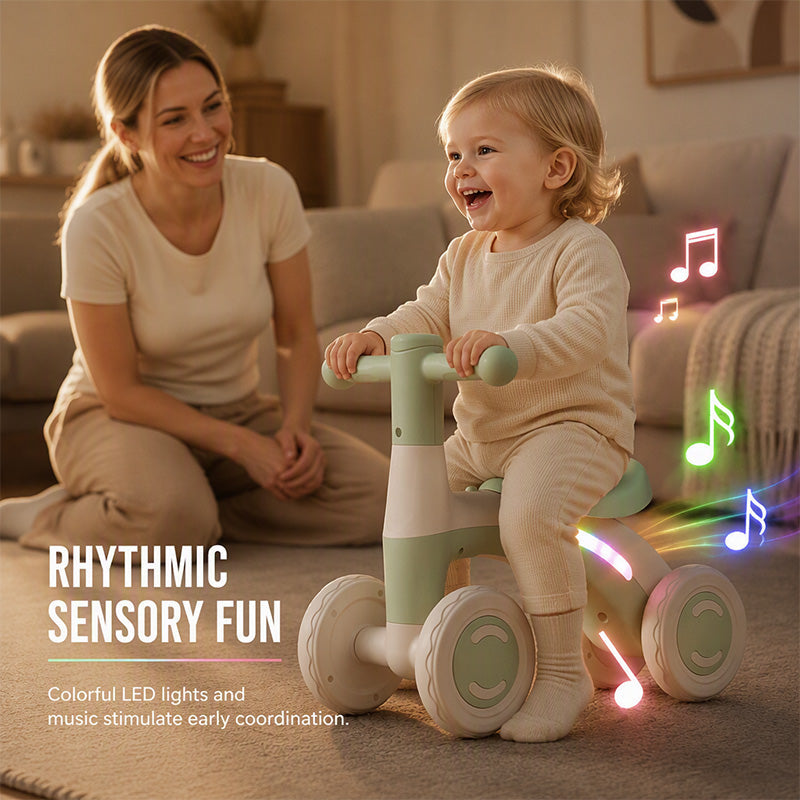 🚲🚼4-Wheel Light-Up Balance Bike for Toddlers with Music