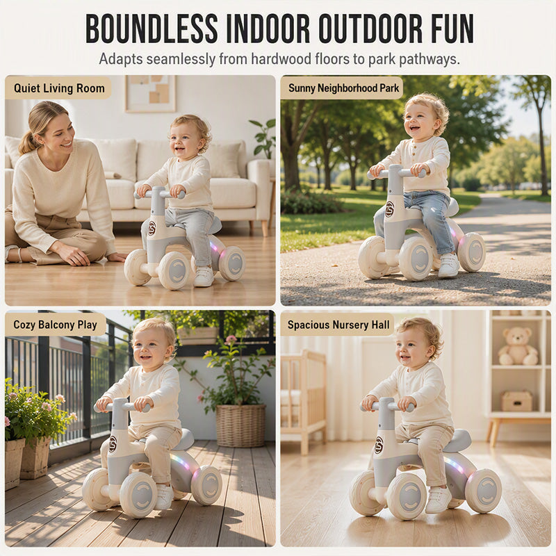 🚲🚼4-Wheel Light-Up Balance Bike for Toddlers with Music