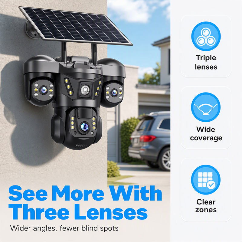 📹 50% OFF NOW! ☀️ Solar Triple-Lens Security Camera – 360° Coverage, Wireless & All-Weather – Clear Day/Night Monitoring 🏠