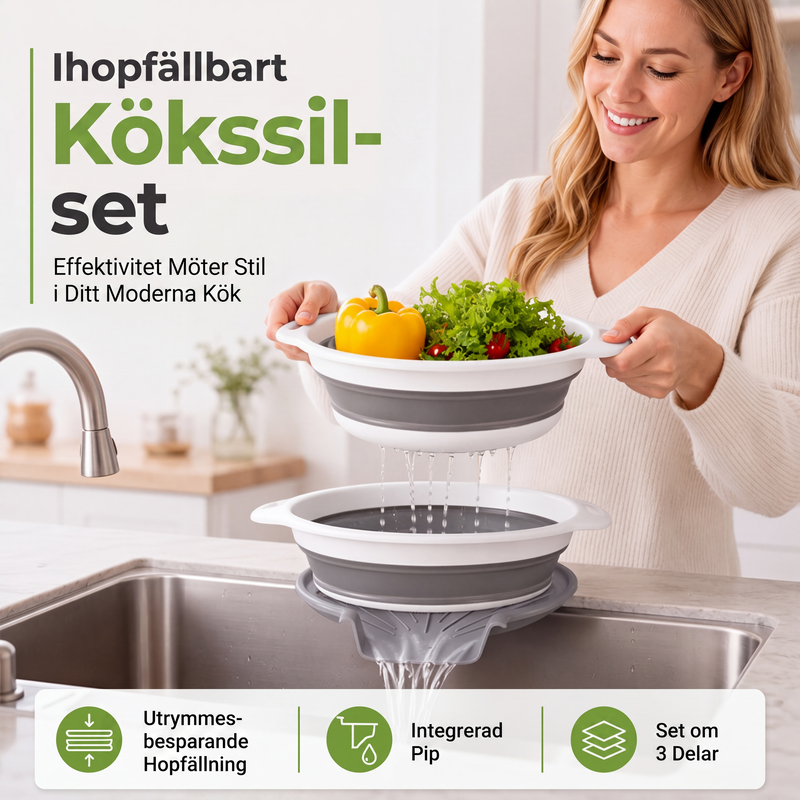 🥗 LIMITED-TIME 50% OFF! ✨ 3-Piece Collapsible Colander Set – With Draining Base, Space Saving, For Fruit Veggies Pasta 🧺