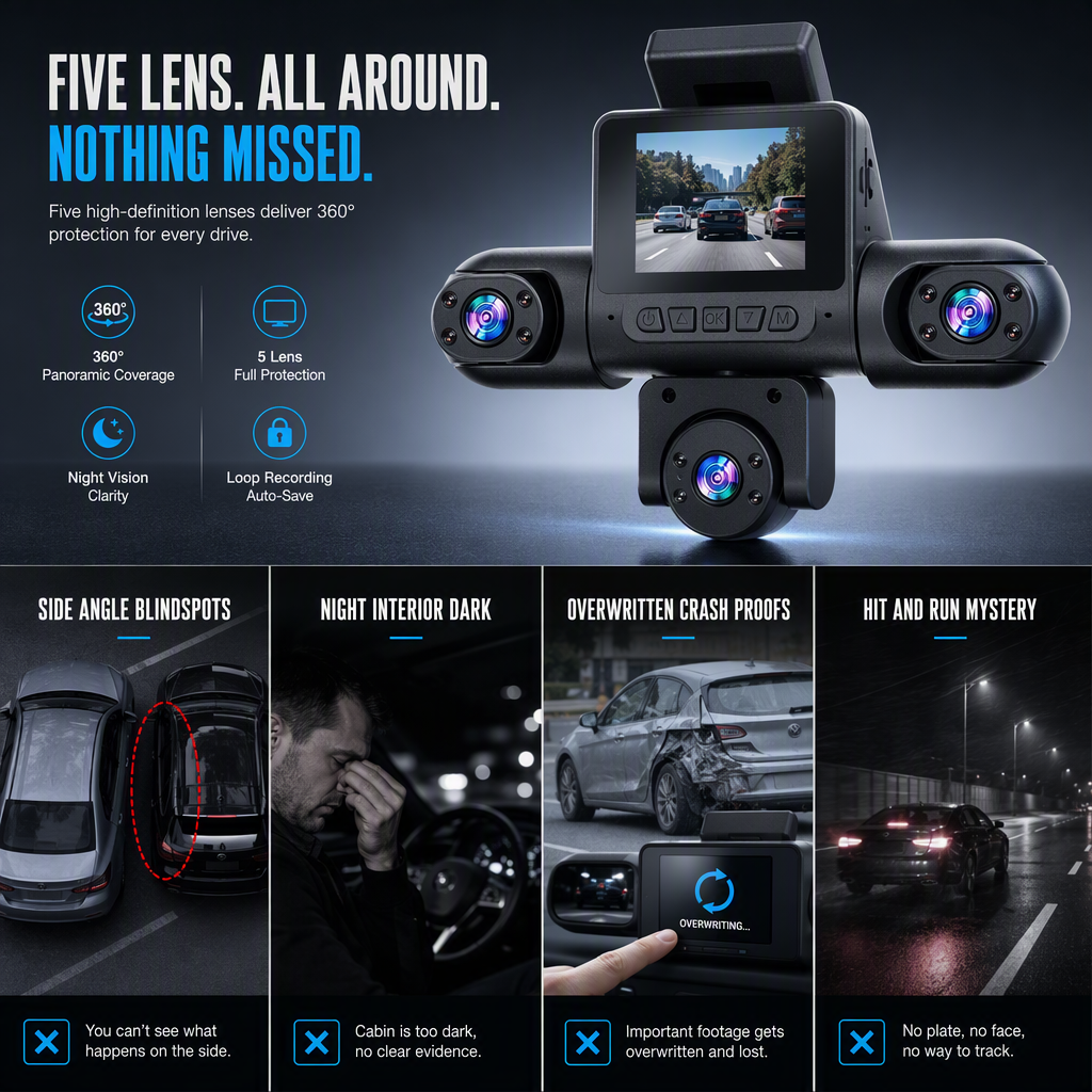 🚗 LIMITED‑TIME 50% OFF! ✨4K 360 Degree Panoramic Car Dash Cam with 5 Cameras – Hidden Design, Auto Collision Lock & Heat‑Resistant Body ✨