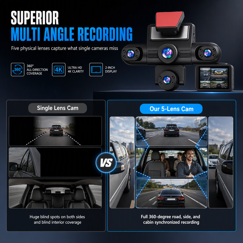 🚗 LIMITED‑TIME 50% OFF! ✨4K 360 Degree Panoramic Car Dash Cam with 5 Cameras – Hidden Design, Auto Collision Lock & Heat‑Resistant Body ✨