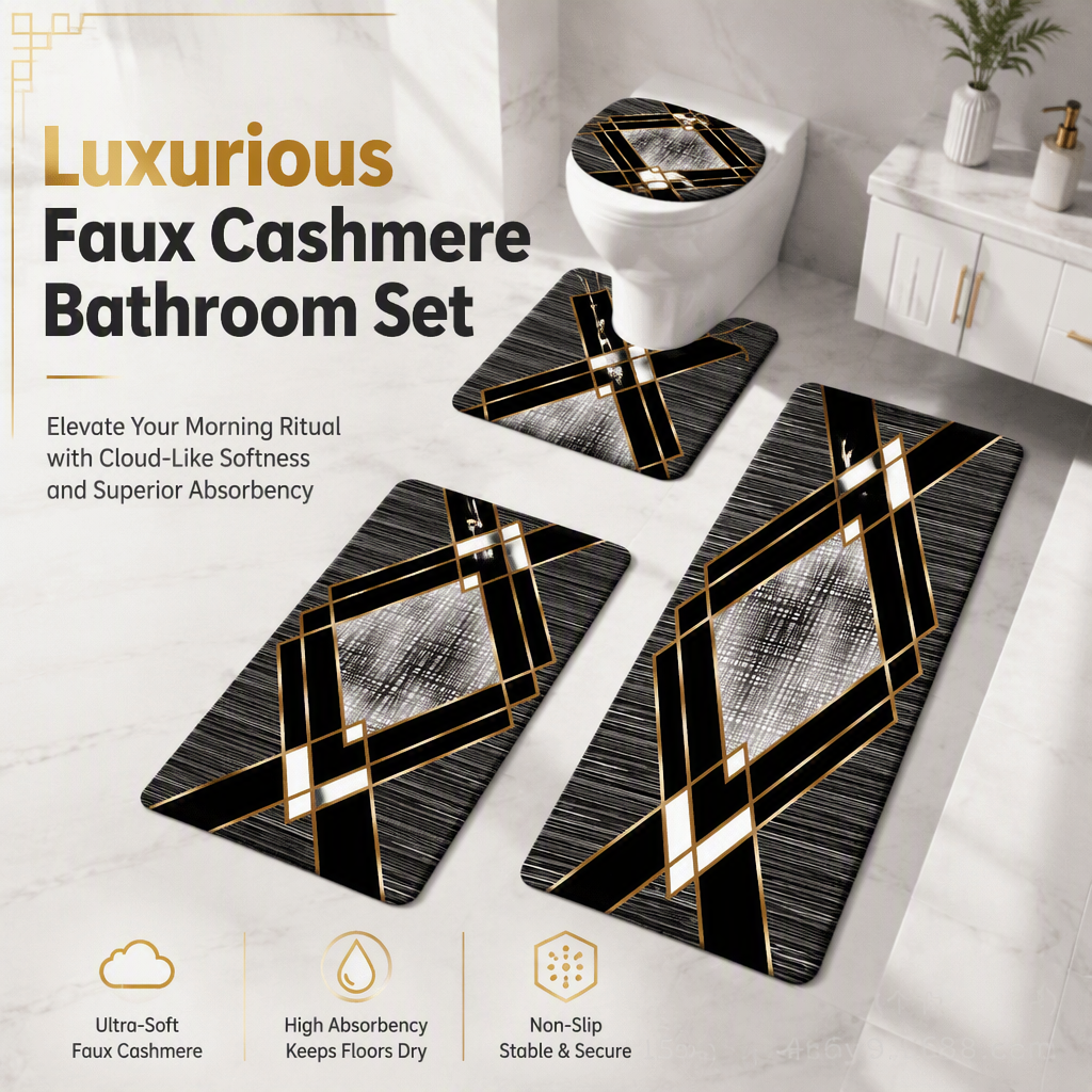✨ 4-Piece Faux Cashmere Bathroom Rug Set – Ultra-Soft Plush Underfoot, Overlock Stitched Anti-Shedding & Secure Grip – Rectangular Mat, U-Shaped Toilet Mat, Lid Cover & Runner 🧼