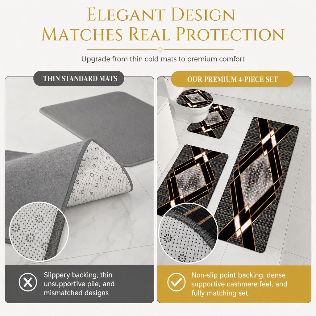 ✨ 4-Piece Faux Cashmere Bathroom Rug Set – Ultra-Soft Plush Underfoot, Overlock Stitched Anti-Shedding & Secure Grip – Rectangular Mat, U-Shaped Toilet Mat, Lid Cover & Runner 🧼