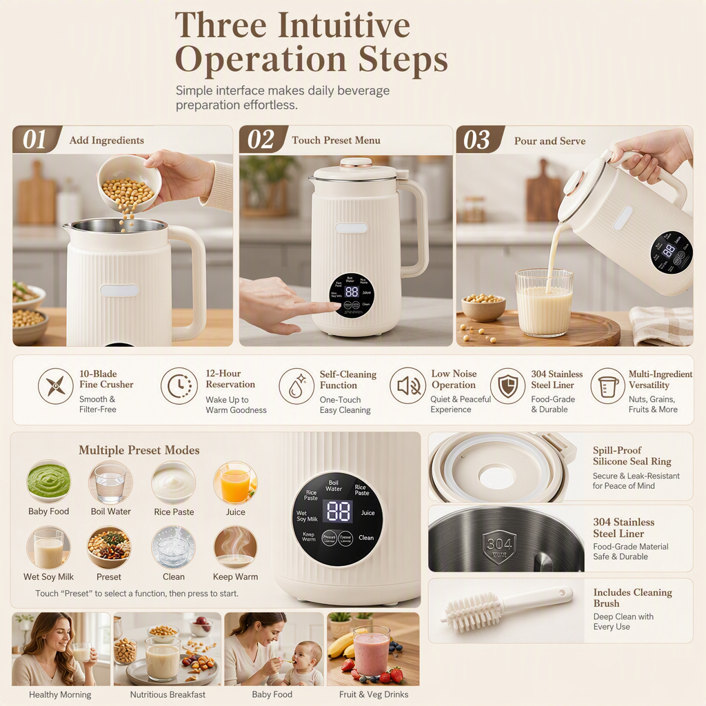 🥛 50% OFF NOW! 🌿 Automatic Soy Milk Maker & Blender – 1500ml, Filter-Free, 10 Blades & 304 Stainless Steel – Multi-Functional for 4-5 People ⚡