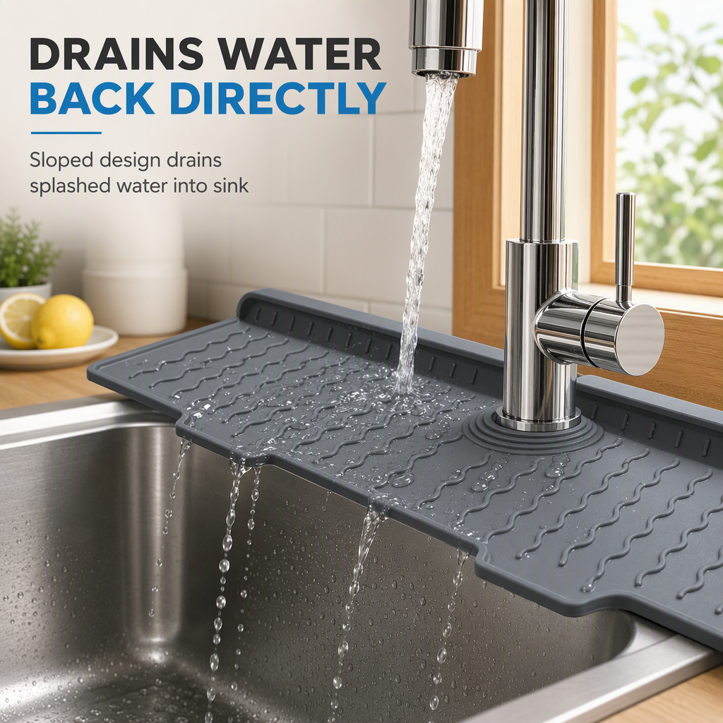 🚰 LIMITED‑TIME 50% OFF! 🌊 Silicone Faucet Splash Guard Mat – Self‑Draining Slope, Cuttable Collar & Sponge Caddy 🧼