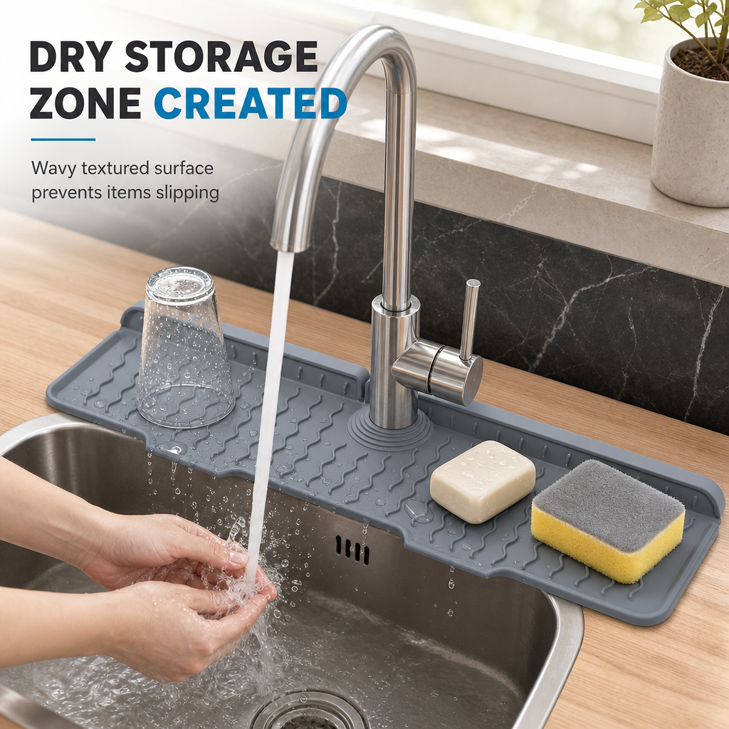 🚰 LIMITED‑TIME 50% OFF! 🌊 Silicone Faucet Splash Guard Mat – Self‑Draining Slope, Cuttable Collar & Sponge Caddy 🧼