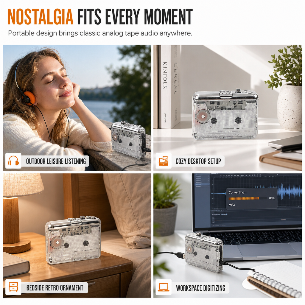 Transparent Portable Cassette Player Walkman and Tape to MP3 Converter with Type-C Interface