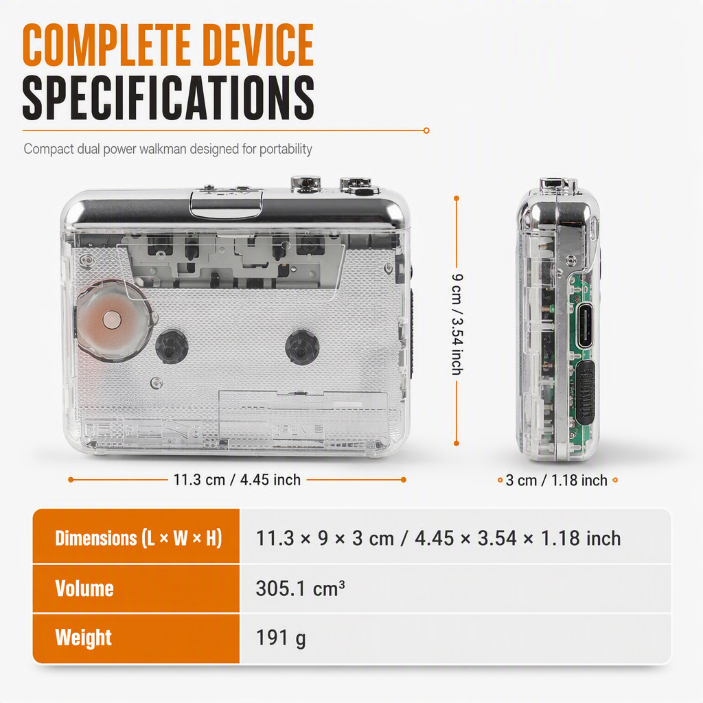 Transparent Portable Cassette Player Walkman and Tape to MP3 Converter with Type-C Interface