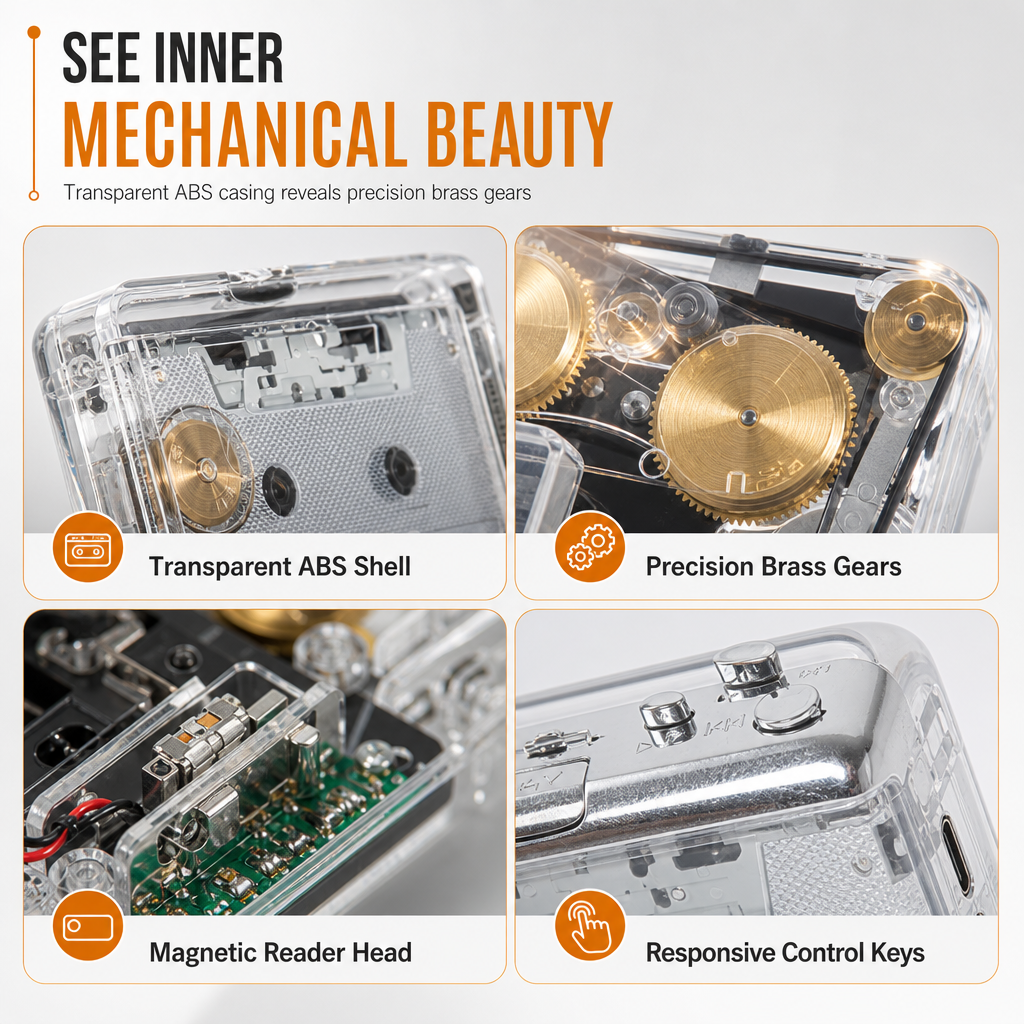 Transparent Portable Cassette Player Walkman and Tape to MP3 Converter with Type-C Interface
