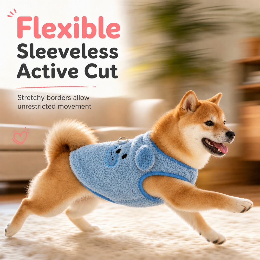🧶 Fleece Lined Pet Cartoon Vest – Warm Double-Sided Heat Retention, Built-In Metal Leash Ring, Soft High-Density Fleece with Flexible Sleeveless Active Cut – for Daily Walks & Outdoor Adventures ✨