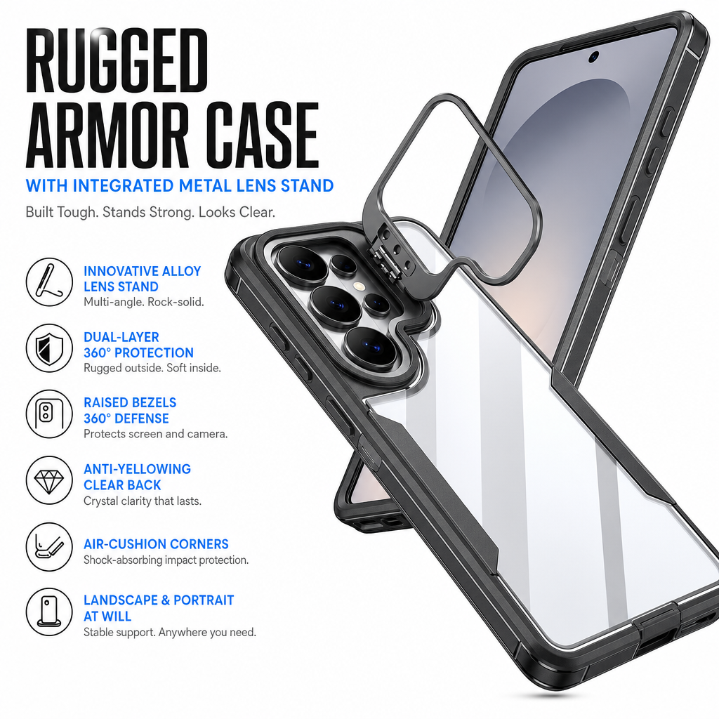 📲🛡️Shockproof Phone Case with Metal Lens Kickstand Protective Cover for Samsung Galaxy S26 S25 S24 S23 S22 Ultra Plus FE