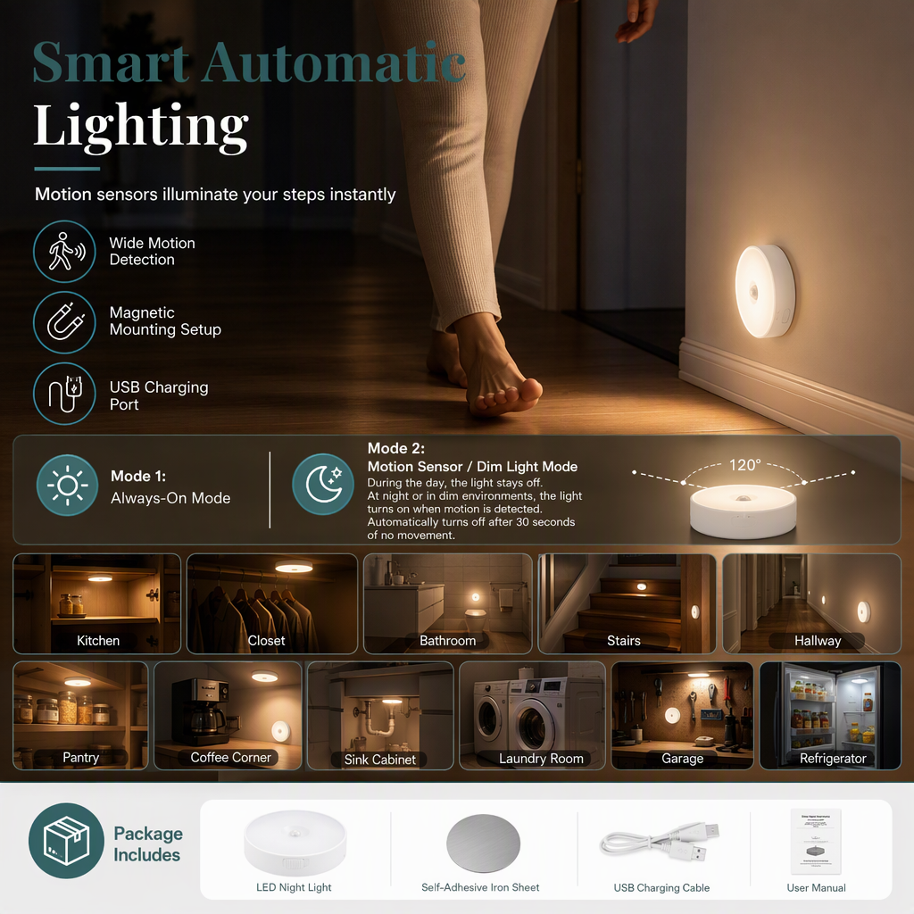 ✨ LIMITED-TIME 50% OFF ✨💡 Smart Rechargeable Wireless LED Motion Sensor Night Light – Smart Lighting for Every Corner 🌙✨