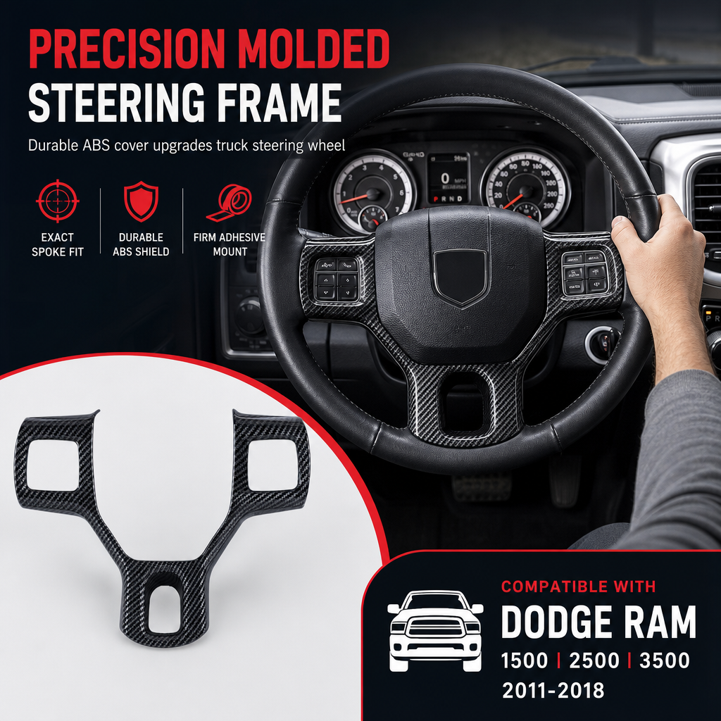 🚛 LIMITED-TIME 50% OFF! ✨ Steering Wheel Trim Cover For RAM Trucks – Carbon Look, Scratch-proof, Snap-on 🛠️