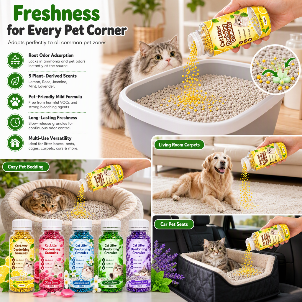 🐾 LIMITED-TIME 50% OFF! ✨ Cat Litter Deodorizing Granules – Plant-Based, Multi-Scent, Simple Sprinkle 🌿