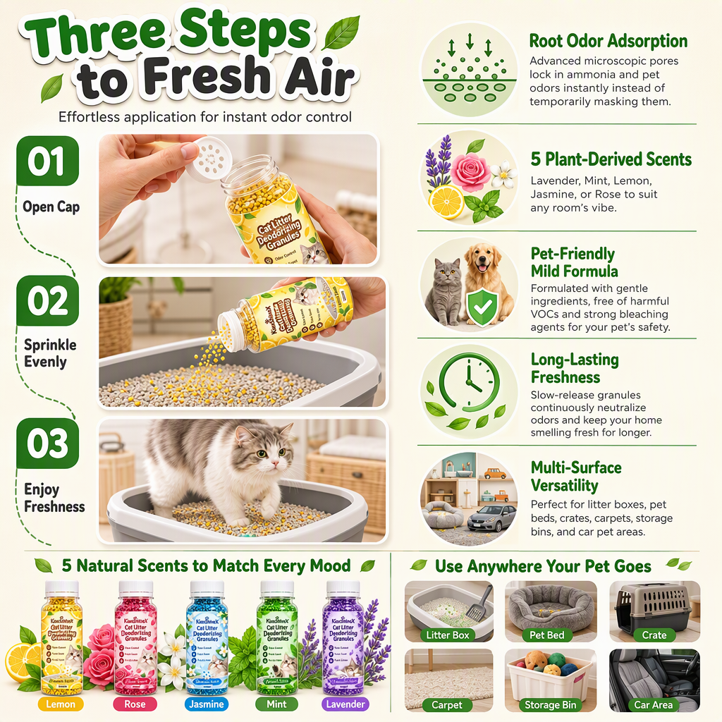 🐾 LIMITED-TIME 50% OFF! ✨ Cat Litter Deodorizing Granules – Plant-Based, Multi-Scent, Simple Sprinkle 🌿