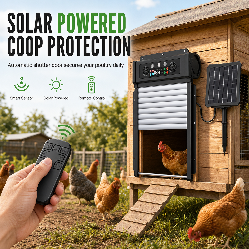 Solar Powered Automatic Chicken Coop Door with Remote Control and Anti Pinch Protection Outdoor Roll Up Poultry Door