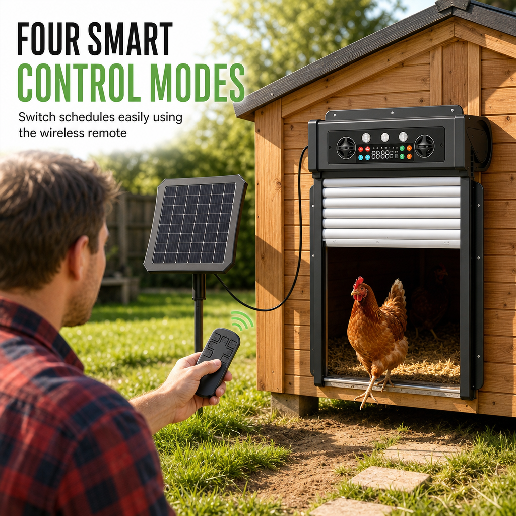 Solar Powered Automatic Chicken Coop Door with Remote Control and Anti Pinch Protection Outdoor Roll Up Poultry Door