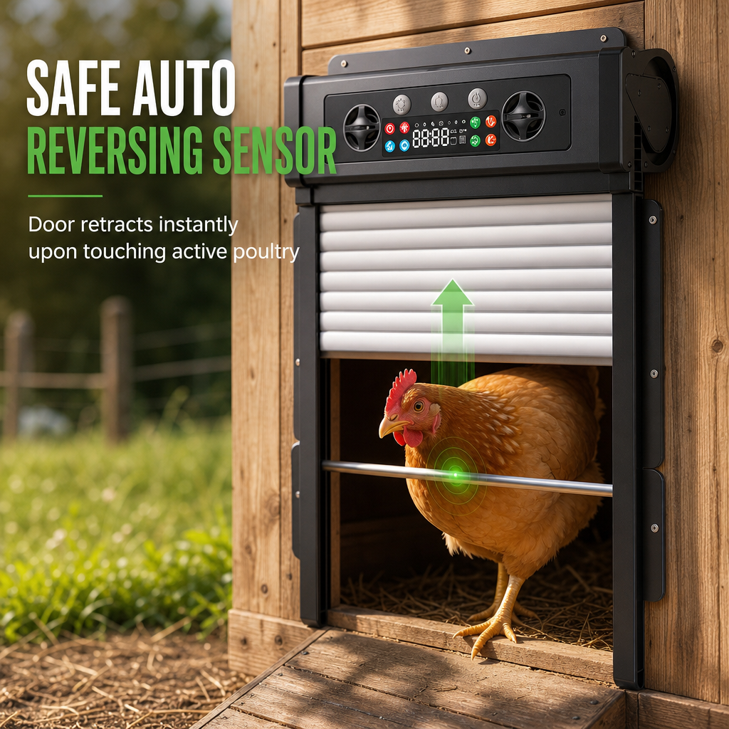 Solar Powered Automatic Chicken Coop Door with Remote Control and Anti Pinch Protection Outdoor Roll Up Poultry Door