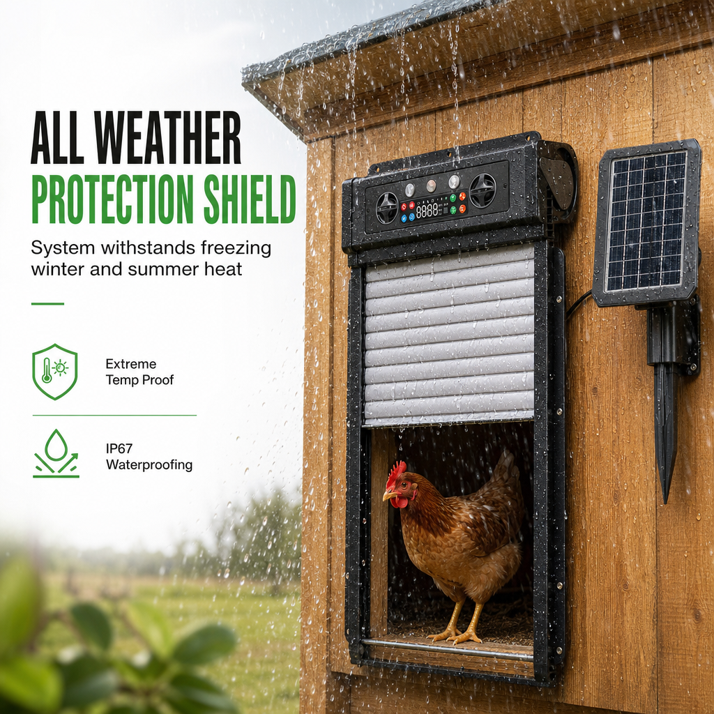 Solar Powered Automatic Chicken Coop Door with Remote Control and Anti Pinch Protection Outdoor Roll Up Poultry Door