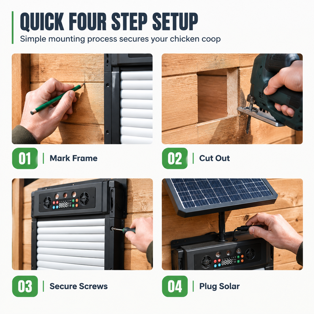 Solar Powered Automatic Chicken Coop Door with Remote Control and Anti Pinch Protection Outdoor Roll Up Poultry Door