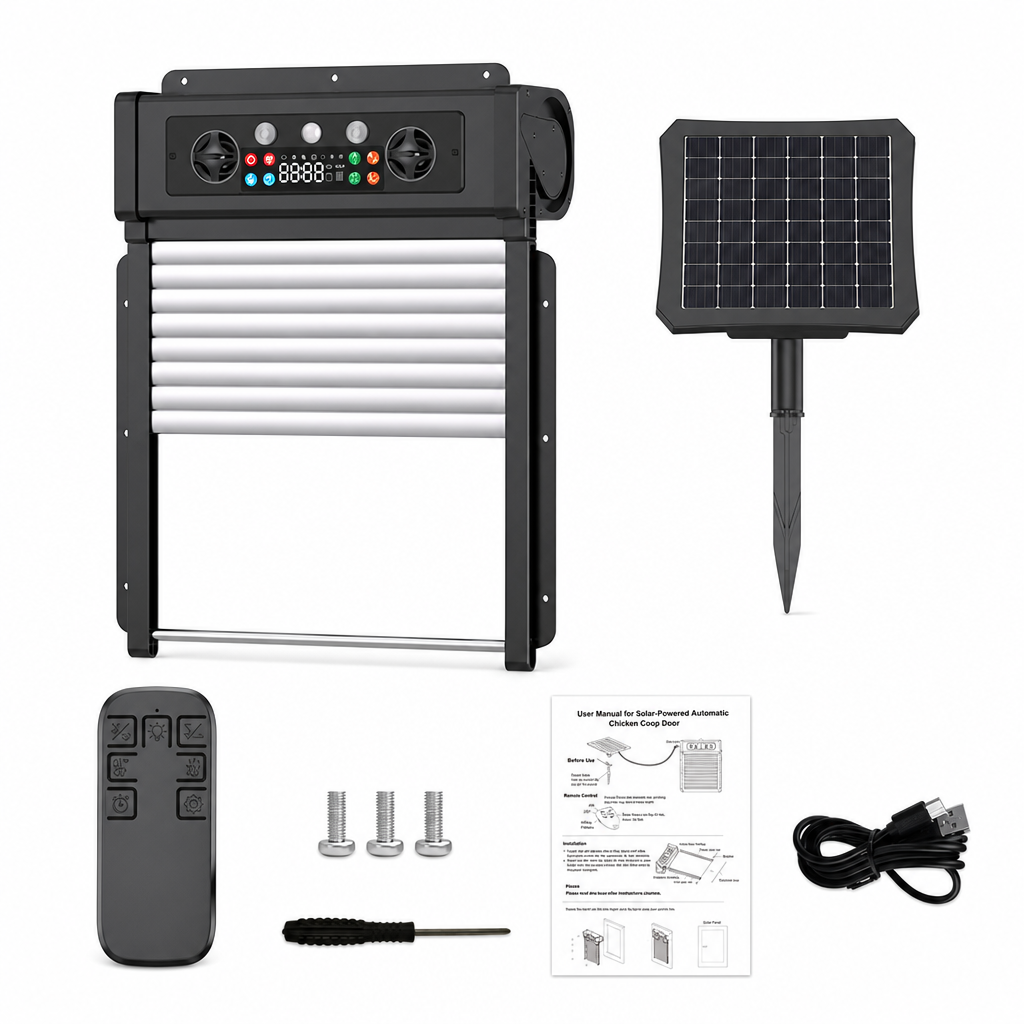 Solar Powered Automatic Chicken Coop Door with Remote Control and Anti Pinch Protection Outdoor Roll Up Poultry Door